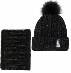 EdiBazzar Női Meleg Téli Szett Téli Sapka Pomponnal, Sál, Kéménygallér Fekete (5905884078563)