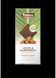 TORRAS , Stevia, Mandulás tejcsokoládé, hozzáadott cukor nélkül, édesítőszerrel, gluténmentes, 100g