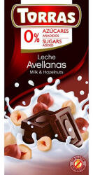 TORRAS , Mogyorós tejcsokoládé, hozzáadott cukor nélkül, gluténmentes, 75g