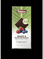 TORRAS , Stevia, Erdei gyümölcsös étcsokoládé, hozzáadott cukor nélkül, édesítőszerrel, gluténmentes, vegán, 100g