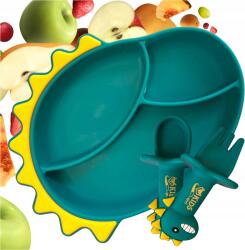 EVI Szilikon tányér tapadókoronggal Blw gyermekeknek Dinoszaurusz és evőeszközök zöld (evi_kidplate_DINO_green)