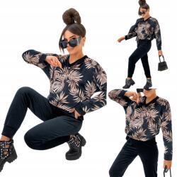  Női velúr tréningruha szett, 2 részes, bézs színű, levél mintás szett: pulóver nadrág (DT2022)