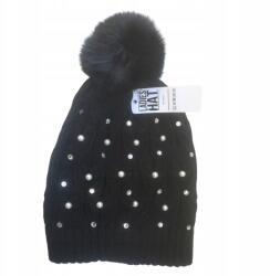  Női Téli Sapka Fekete Gyöngyökkel, Pomponnal, Meleg Akril (CZAPKA ZIMOWA DAMSKA)