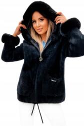  Fekete női alpaka kabát szőrmés kapucnival és zsebekkel (6652)