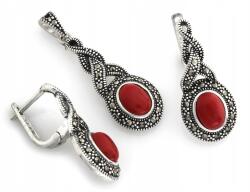 Lovrin 925-ös ezüst szett markazitokkal és piros kővel: fülbevaló és medál (Lovrin)