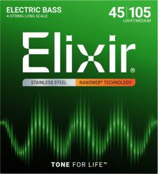 Elixir 4-húros Rozsdamentes Acél Basszusgitárhúr 45-105 (Nanoweb bevonat)