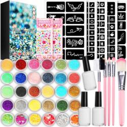 Lewer Csillám tetoválás Szett sablonok 295 csillámporok 24 Flitterek Gyerekeknek ajándék (naklejki pędzelki klej świecące dżety)