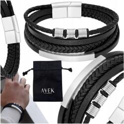 AVEK Férfi Bőr Karkötő Fekete Ezüst Acél Ajándék 21 CM (BM-0414)