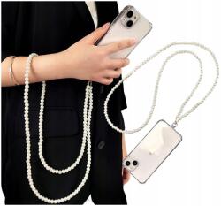 Nyakpánt telefonhoz, kulcsokhoz Fehér gyöngyök, elegáns, hosszú gyöngysor