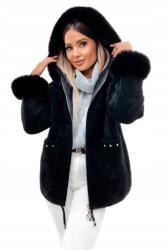  Elegáns női alpaka kabát kapucnival, fekete, szőrmés, divatos (6650)
