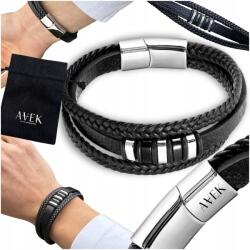 AVEK Férfi Bőr Karkötő Fekete Acél 21CM Széles, Bőrből Ajándékba (BM-0064)