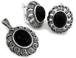Lovrin Ezüst 925 szett nagy ovális fülbevaló és medál fekete kővel (Lovrin)