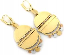 Hosszú, arany színű, 585-ös függő fülbevaló, modern körökkel, 14 karátos, mozgó medálokkal