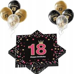  Lufi és szalvéta készlet 18. születésnapra Lufik szalvéták fekete arany dekoráció