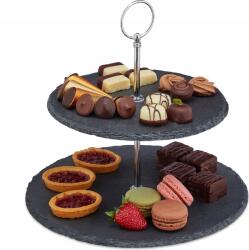 Relaxdays Kétszintes Pala Tálaló Állvány Fogantyúval Édességekhez, Snackekhez, Ételekhez (10030730)