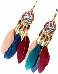 Hosszú, lelógó toll fülbevaló, boho retro stílusú, színes, női tollas fülbevaló (5905884030424)