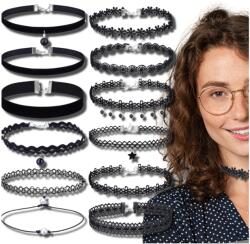 EdiBazzar Fekete Choker Szett 12db Nyaklánc Szíj Csipke Boho Női Punk Retro (Czarny CHOKER Zestaw 12szt naszyjnik rzemyk)
