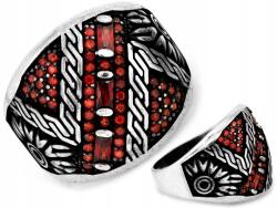 Lovrin Gazdag, ezüstözött 925-ös gyűrű oxidált felülettel, r22 piros kövekkel, 8.69g