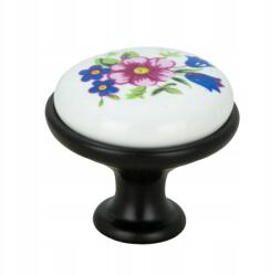 B&B Kerek fekete bútorfogantyú kerámiával és retro virágmintával szekrénygombok (G108 CZ)