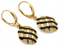 Lovrin Angol stílusú arany fülbevaló 585, lógós, áttört mintás ovális formájú, fekete cirkónia kövekkel (Lovrin)