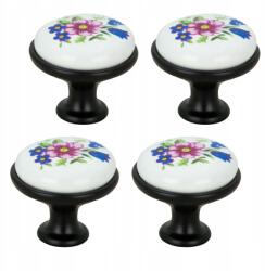 B&B 4 db fekete, kerek bútorfogantyú kerámiával és retro virágmintával (Z4 G108 CZ)