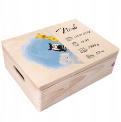 Creative Deco Doboz a gyermek születésére, fa anyakönyvi kivonat gravírozással, ajándék, 40x30x14 (JANCDSD140CUSTOMANIMALBMEMBOXFBM)