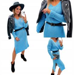  0006 Ruha midi pulóver kivágással, elegáns kötött Kék (CL5019)