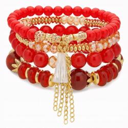 4 db-os szett Női karkötő piros gyöngyökkel, arany elemekkel