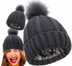 EdiBazzar Női téli sapka, bélelt, pomponnal, szürke, kötött, puha (8905655939366)