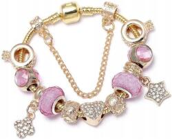 Rózsaszín Női Arany Moduláris Karkötő Charms Gyöngyökkel, ajándék medálokkal (F133)
