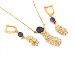 Lovrin Arany szett 585 fülbevaló és nyaklánc páfránylevél cirkónia kövekkel 14 karátos (Lovrin)