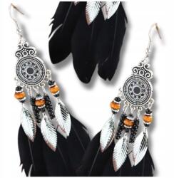 EdiBazzar Etnikai fülbevaló hosszú boho lógó ezüst részletekkel és fekete tollakkal (5905884064757)