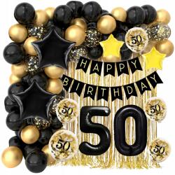 Lewer Dekorációs szett Lufik 50. Születésnapi fekete dekoráció arany függönnyel