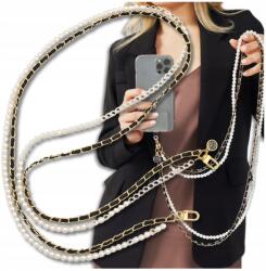 Nyakpánt/vállpánt telefonhoz, kulcsokhoz, gyöngyökkel, dupla, hosszú, fehér