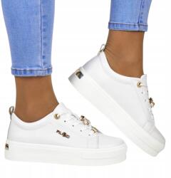 Női Tornacipő Bőr Vastag Talpú Fehér Méhecske Darázs (iBUTY 3533 BIAŁY DIAM)