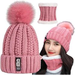 EdiBazzar Rózsaszín téli női szett, pomponos sapka, kéménygallér, akril (5905884079010)