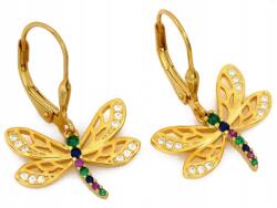 Lovrin 925-ös sterling ezüst, aranyozott, lógó szitakötő fülbevaló cirkónia kövekkel, 2.86g, angol kapcsos