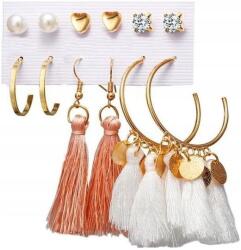  6 pár arany színű, gyöngyös, karika fülbevaló szett (Komplet Kolczyki 6 par Koła)