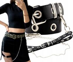 EdiBazzar Fekete bőr öv nadrághoz, punk retro stílusú, ezüstszínű gótikus lánccal (5904107121369)