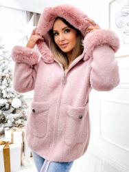  Elegáns női alpaka kabát kapucnival és szőrmés díszítéssel, rózsaszín