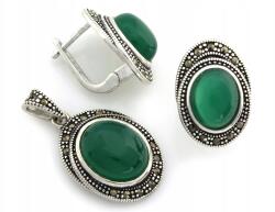 Lovrin 925-ös ezüst szett nagy zöld köves fülbevalóval és medállal ajándék (Lovrin)