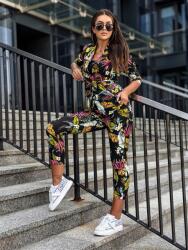  Divatos, 2 részes szett övvel, városi stílusú, fekete, színes levelekkel (EB23646A)