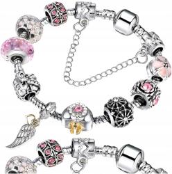  Moduláris karkötő Charms gyöngyökkel, női, elegáns, levélke medállal, ezüst színű (Srebrna bransoletka modułowa z charmsami liść)