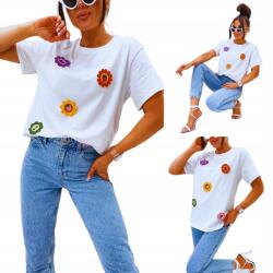  Női póló hímzett virágokkal Fehér, Boho stílus, Handmade Look