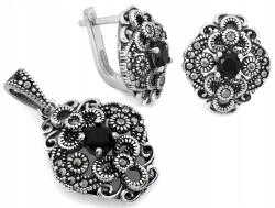 Lovrin Ezüst szett 925, oxidált, finom áttört mintával, ónixszal és markazitokkal, divatos (Lovrin)