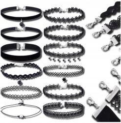 EdiBazzar Choker Szett 12db nyaklánc szett bőr csipke boho női punk fekete retro (Czarny CHOKER Zestaw 12szt naszyjnik rzemyk)