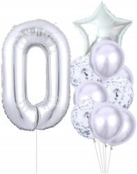  Születésnapi Lufik 10db Ezüst Konfetti 0-ás betű lufi dekorációs szett