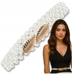 EdiBazzar Női Öv, gyöngyös, rugalmas, fehér gyöngyök, fém csat, 2cm széles (Damski Pasek Wąski Do Sukienki Na Talię)