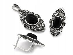 Lovrin 925-ös ezüst ékszerszett, áttört, nagy markazit köves fülbevalóval és medállal (Lovrin)