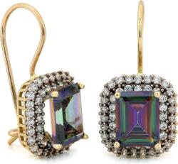 Lovrin Arany fülbevaló 585-ös finomságú, szintetikus misztikus topázzal és cirkónia kövekkel, akasztós (biglis) zárral (Lovrin)